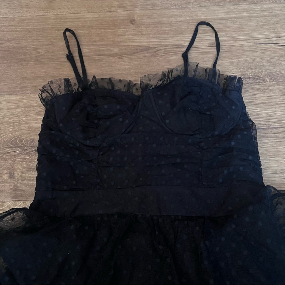 NWT Lulus Sweetheart Style Black Tulle Polka Dot Bustier Midi Dress - Picture 4 of 9